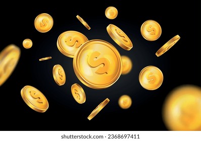 Realistic golden coins composition of black background and flying dollar cents colored in gold in motion vector illustration