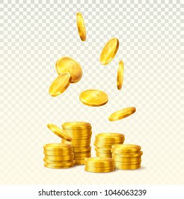 Realistic golden coins falling, stacks or towers of dollar metal currency, round golden bucks on transparent. Wealth and luck, winning and fortune sign. Economy and commerce, monetary, economic theme