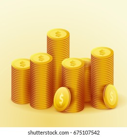 Realistic golden coins money fortune. Casino cash wage. Success isolated pile over light gradient background. Vector illustration