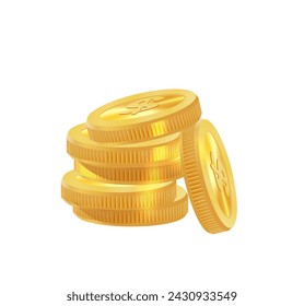 Realistic golden coins pile. Stacks of gold money, cash or treasure. Bank and finance. Investment, profit or gain. Copy space. Vector