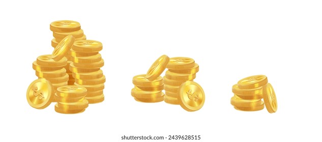 Pila de monedas de oro realista. Pilas de oro, dinero en efectivo o tesoros. Banco y finanzas. Inversión, ganancia o ganancia. Copiar espacio. Vector