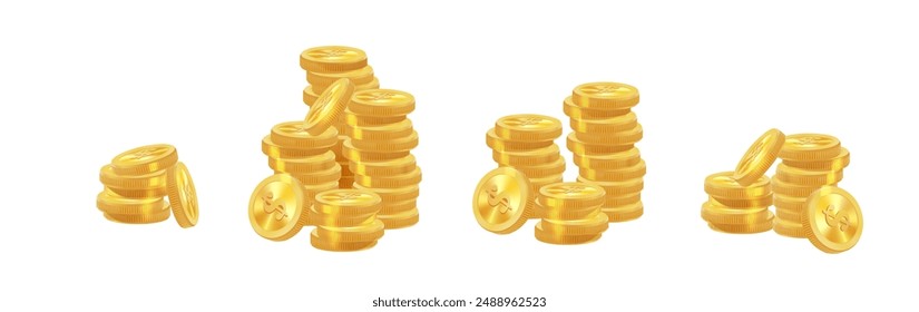 Realistic golden coins pile. Stacks of gold money, cash or treasure. Bank and finance. Investment, profit or gain. Copy space. Vector