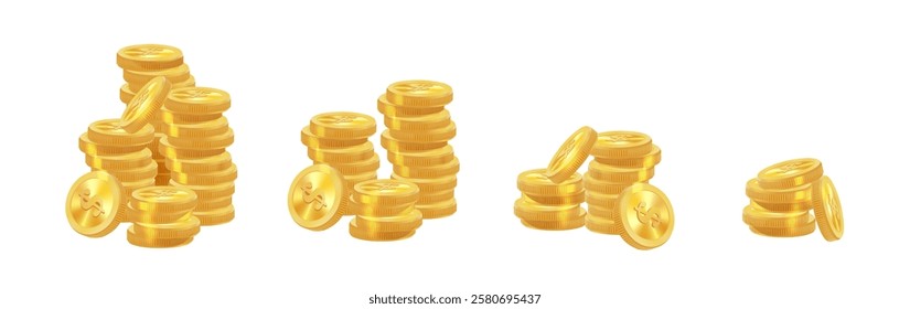 Realistic golden coins pile. Stacks of gold money, cash or treasure. Bank and finance. Investment, profit or gain. Copy space. Vector