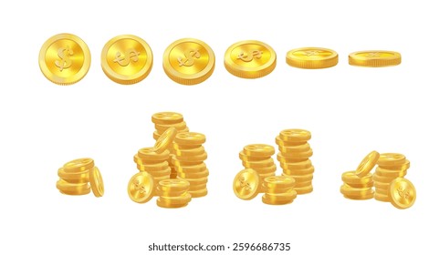 Realistic golden coins pile. Stacks of gold money, cash or treasure. Bank and finance. Investment, profit or gain. Copy space. Vector