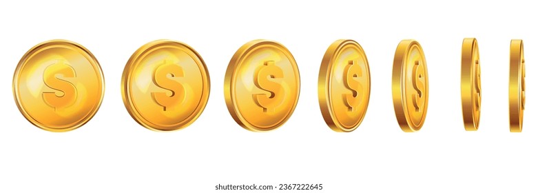 Realistic golden coins set of isolated colorful icons with revolving dollar coin views from different angle vector illustration