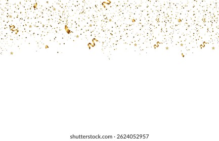 Realistic golden confetti with shimmer and stars. party and celebration theme. vector background.