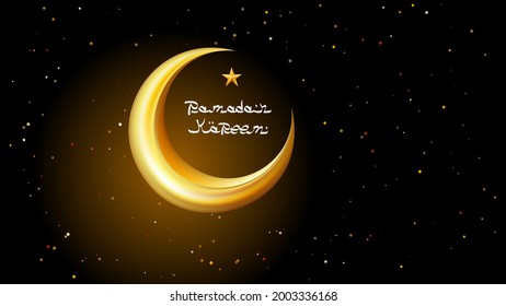 Realistic golden crescent moon with a star on a background of a dark color starry sky. Arabic style lettering Ramadan Kareem concept banner. Vector 3D illustration. Place for your text