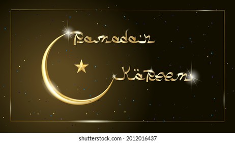 Realistic golden crescent moon with a star on a background of a dark color starry sky. Arabic style lettering Ramadan Kareem concept banner. Vector 3D illustration.