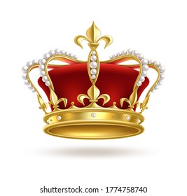 Realistic golden crown. 3D elegant queen or king, princess or prince accessory. Monarch majestic jewel diadem with red velvet and pearls, royal imperial coronation symbol. Vector isolated element