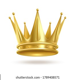 Realistic golden crown. 3D elegant queen or king, princess or prince luxury accessory. Monarch majestic jewel diadem, royal imperial coronation gold symbol. Vector isolated element