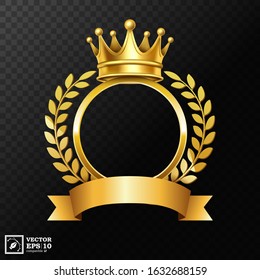 Realistic Golden Crown with Laurel Wreath and a Gold Ribbon for text, isolated on a transparent background. Vector Illustration