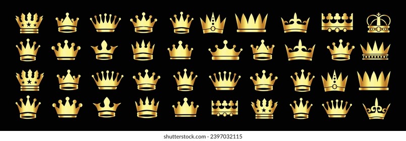 Realistic golden crown set for king or queen.