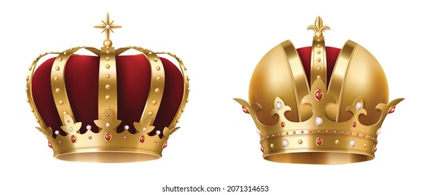 Realistic golden crowns. King, prince and queen gold crowns set. Royal heraldic decoration. Monarch coronation royalty signs isolated on white background. 3d vector illustration