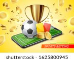 Realistic golden cup, football red, yellow cards, soccer ball on football field in smartphone screen on golden coins background. Vector betting application promo. Online betting, bookmaker advertising