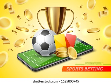 Realistic golden cup, football red, yellow cards, soccer ball on football field in smartphone screen on golden coins background. Vector betting application promo. Online betting, bookmaker advertising