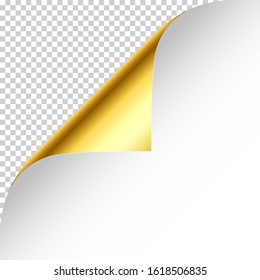 Realistic golden curled page corner with shadow on checkered background. Greeting card design element. Blank sheet of paper. Vector illustration.