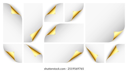 Realistic golden curled page corner set. Greeting card design element. Blank sheet of paper. Vector illustration.