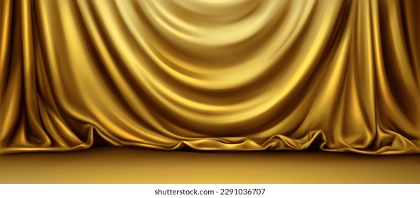 Realistic golden curtain background on stage. Vector illustration of silky cloth drape, decoration for theater performance, art concert, cinema award ceremony. Luxury satin texture, smooth material