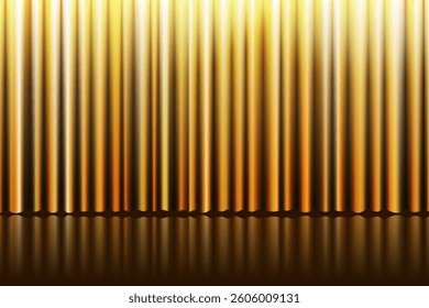Realistic golden curtain bg on stage. Silky drapery with soft folds adds elegance to theater performance, art concert or cinema award ceremony. Luxury satin texture with smooth fabric. Vector eps.