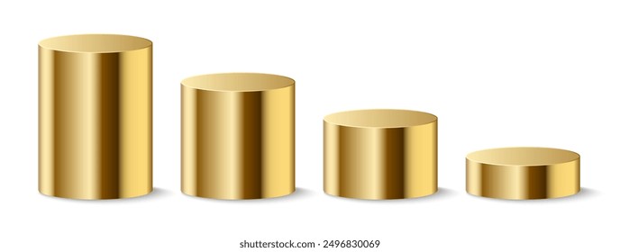 Realistic golden cylindrical podium isolated on transparent background. Geometric metal round shape for product branding. Golden cylinder mockup scene. 3D vector background illustration