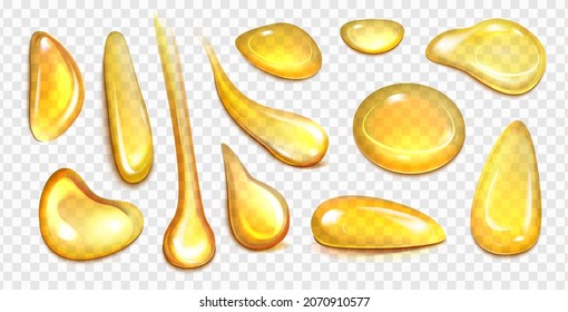 Realistic golden drops different shapes of organic cosmetic, liquid vitamin or food oil on transparent background. Falling honey drop or gasoline yellow droplet, top view vector illustration.