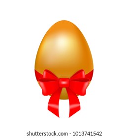 Realistic golden Easter egg decorated with red silk ribbon and bow isolated on white background. Festive decoration. Vector illustration for greeting card, party invitation, banner, poster, website.