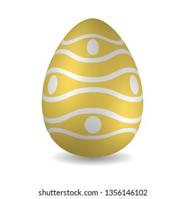 Realistic golden Easter egg decorated with wavy stripe and dots isolated on white background. Vector design element for holiday greeting card, ad, promotion, poster, flyer, web banner, sale
