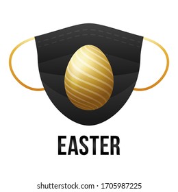 Realistic golden Easter egg with medical disposable mask on white background