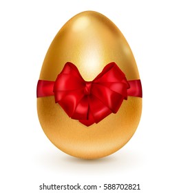 Realistic golden Easter egg tied of red ribbon with a big bow on white background