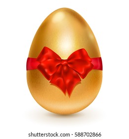 Realistic golden Easter egg tied of red ribbon with a big bow on white background