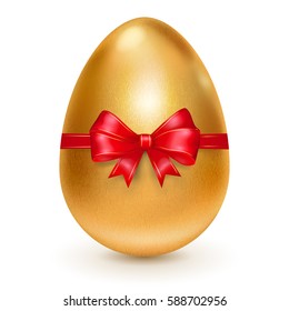 Realistic golden Easter egg tied of red ribbon with a big bow with shadow on white background
