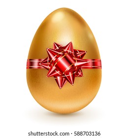 Realistic golden Easter egg tied of red ribbon with a big bow on white background