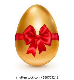 Realistic golden Easter egg tied of red ribbon with a big bow on white background