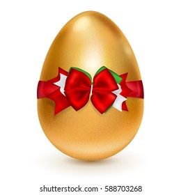 Realistic golden Easter egg tied of red ribbon with a big bow on white background