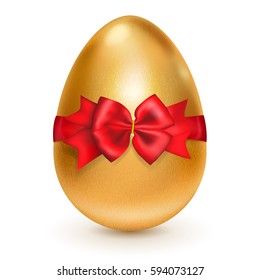 Realistic golden Easter egg tied of red ribbon with a big bow on white background