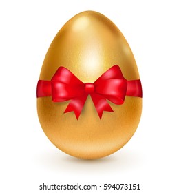Realistic golden Easter egg tied of red ribbon with a big bow on white background