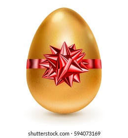 Realistic golden Easter egg tied of red ribbon with a big bow on white background