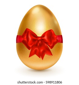 Realistic golden Easter egg tied of red ribbon with a big bow on white background