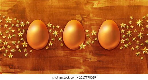Realistic Golden Easter eggs with 3d stars on hand drawn textured background. Luxury design for banner, poster, greeting card or invitation. Vector illustration.