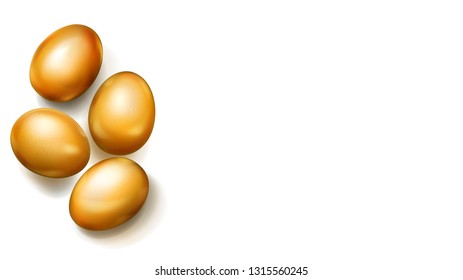 Realistic golden Easter eggs with shadows on white background