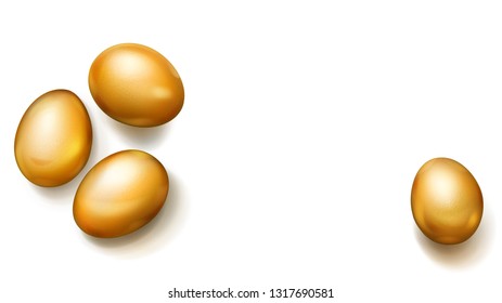 Realistic golden Easter eggs with shadows on white background