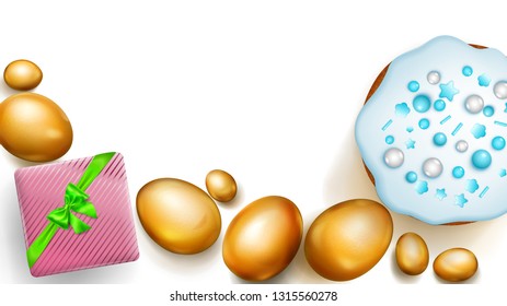 Realistic golden Easter eggs, tasty cake and beautiful gift box with bow on white background