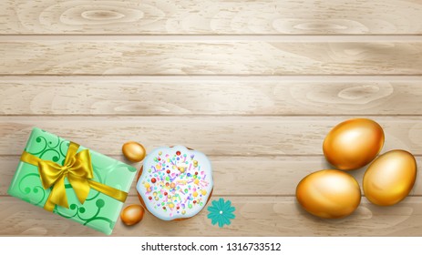 Realistic golden Easter eggs, tasty cake and beautiful gift box with bow on wooden planks