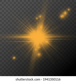 Efecto dorado realista de la luz solar. Un destello de luz brillante con resplandor y rayos de sol. Efecto vectorial del flash o la luz. Efecto dorado aislado sobre fondo transparente. Ilustración del vector