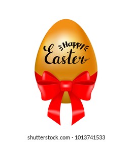 Realistic golden egg decorated with red bow and Happy Easter hand lettering isolated on white background. Festive decoration. Vector illustration for greeting card, party invitation, banner, website.