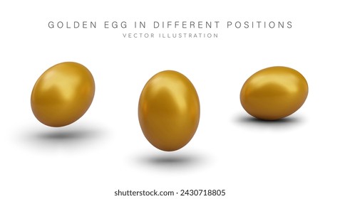 Realistic golden egg in different positions. Decorative metal decoration for Easter