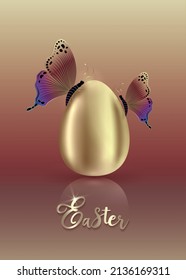 Realistic golden egg with luxury colorful butterflies, Easter concept vector illustration isolated on colorful gradient background