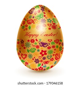 Realistic golden egg with a pattern of flowers, leaves and butterflies. With shadow on white background