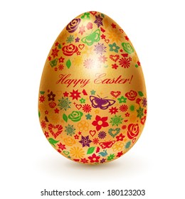 Realistic golden egg with a pattern of flowers, leaves and butterflies. With shadow on white background