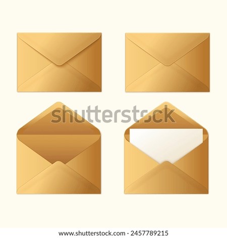 Realistic golden envelopes vector set in different positions. Clean gold luxury design.
